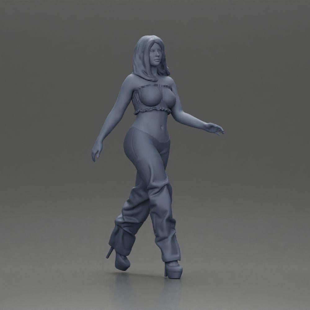 Diorama model building product photo 6: Diorama figure: Miniature figure woman in walking pose, green-red, crop top, wide pants, pumps (Ref No. A141)