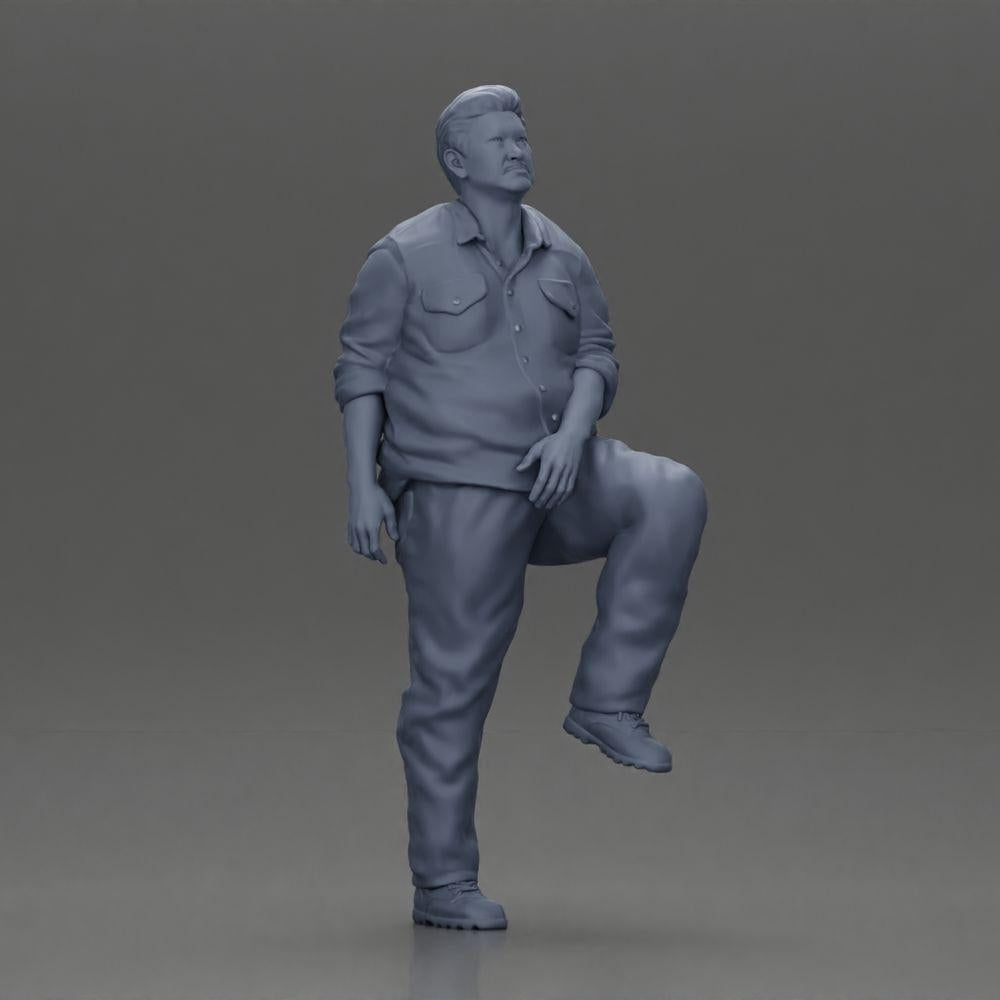 Diorama model building product photo 6: miniature figure: stout Asian man, looking up, in shirt, foot on step (Ref No. A101)