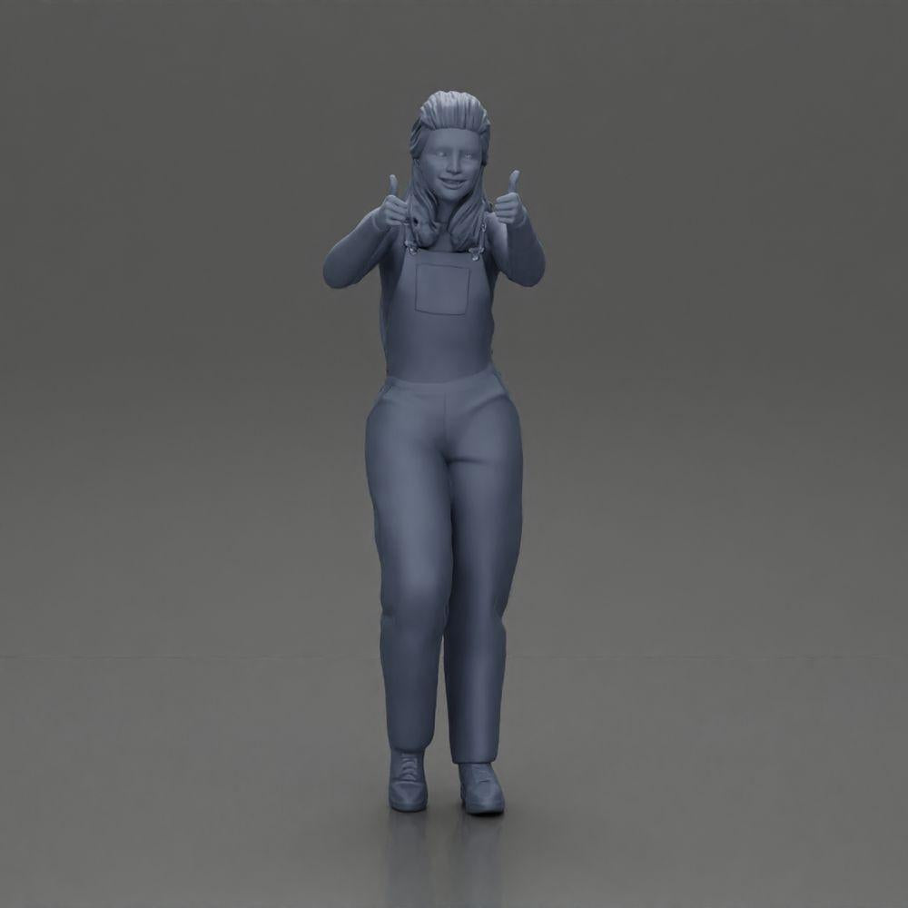 Diorama model building product photo 6: Standing, smiling girl in overalls, both thumbs up - Diorama figure (Ref No. A82)