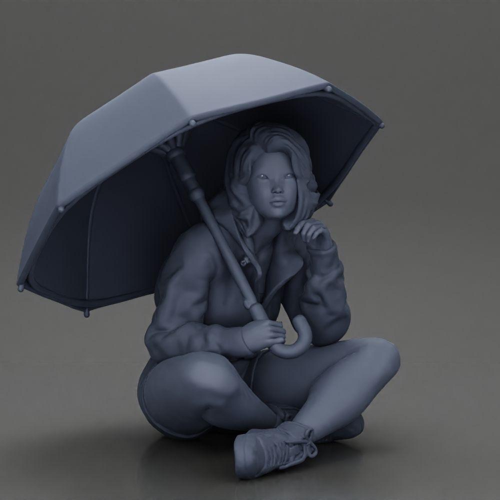 Diorama model building product photo 6: Diorama miniature: Sitting woman in jacket and shorts with open umbrella (Ref No. A85)