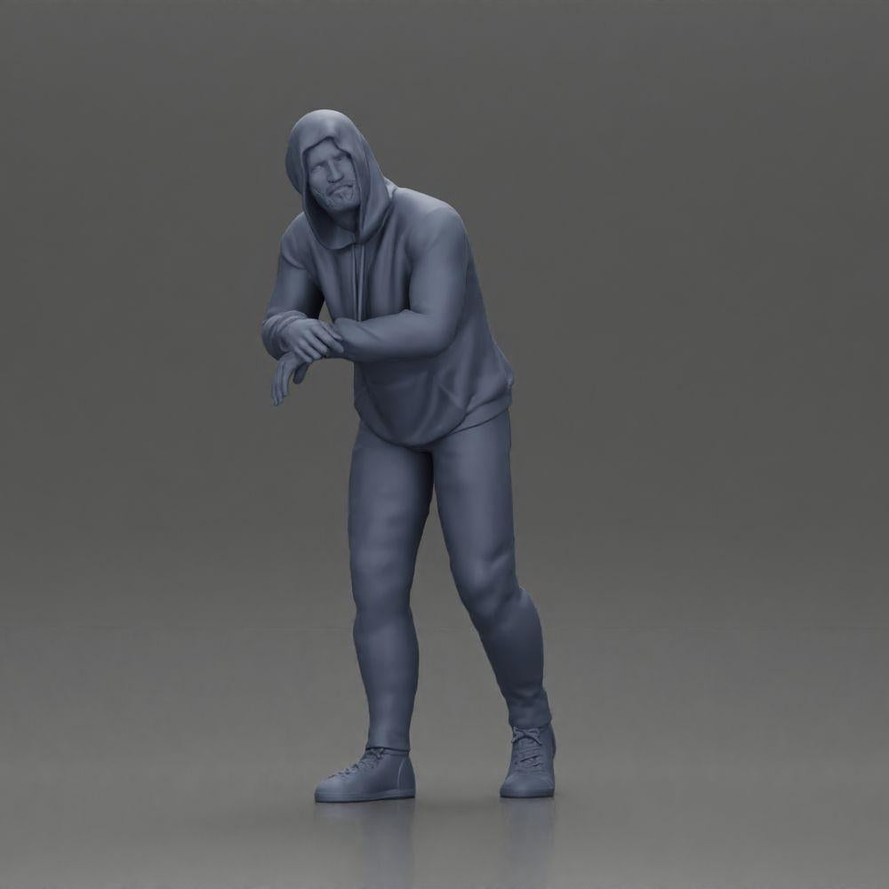 Diorama model building product photo 6: Diorama figure: Man with hood, hands on car, slightly leaning forward (Ref No. A115)