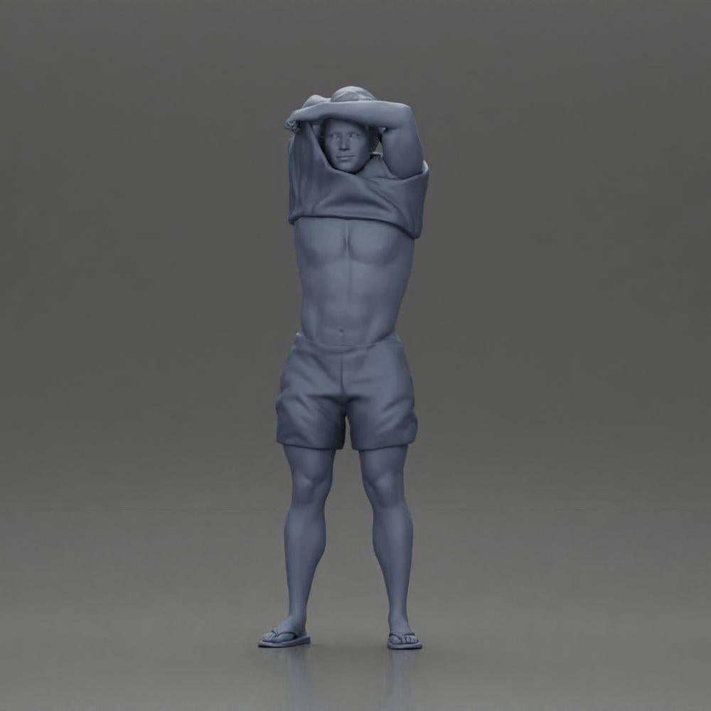 Diorama model building product photo 6: Standing miniature: muscular man in shorts pulling T-shirt over his head (Ref No. A90)