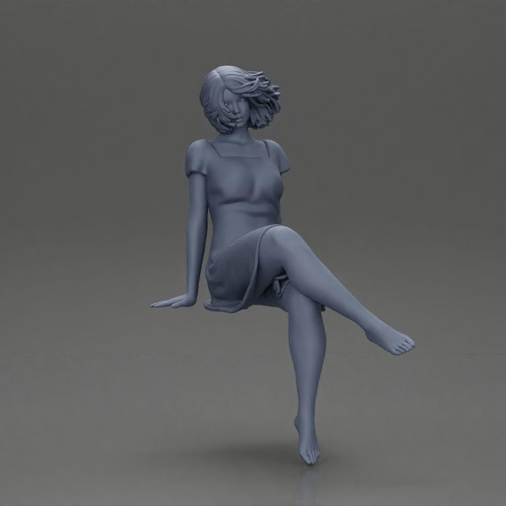 Diorama model building product photo 6: Diorama miniature figure: Sitting woman in a dress, barefoot, short hair in the wind (Ref No. A95)