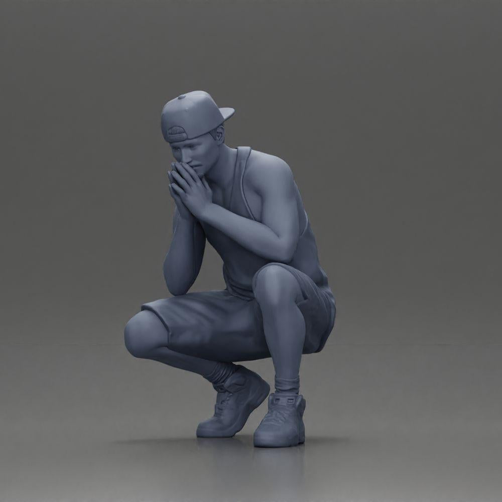 Diorama model building product photo 6: Diorama miniature: Pensive man sitting with cap, shorts, and sneakers (Ref No. A77)