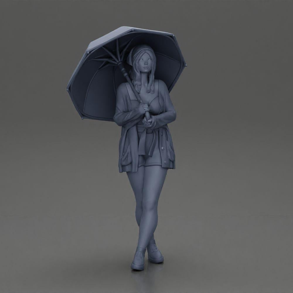Diorama model building product photo 6: Female diorama figure in open cardigan and shorts with umbrella (Ref No. A92)