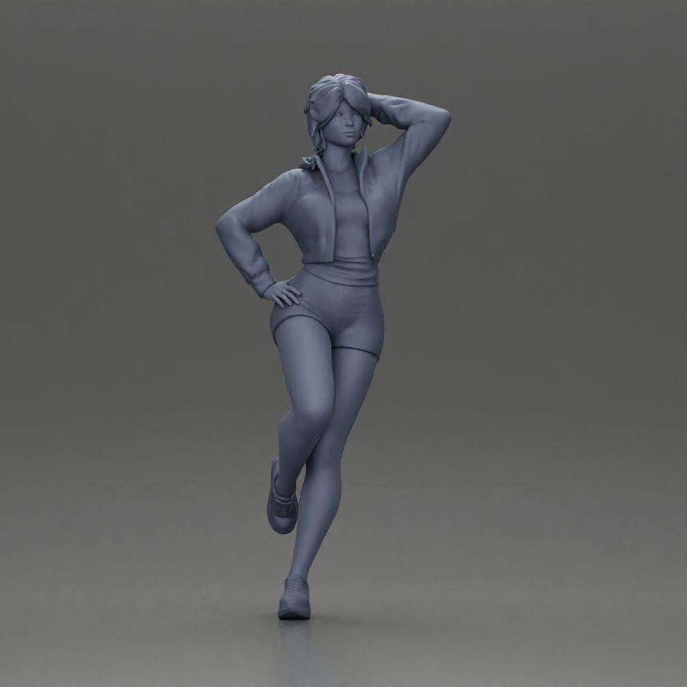 Diorama model building product photo 6: Female miniature with short hair, jacket & shorts, leaning against a car (Ref No. A67)