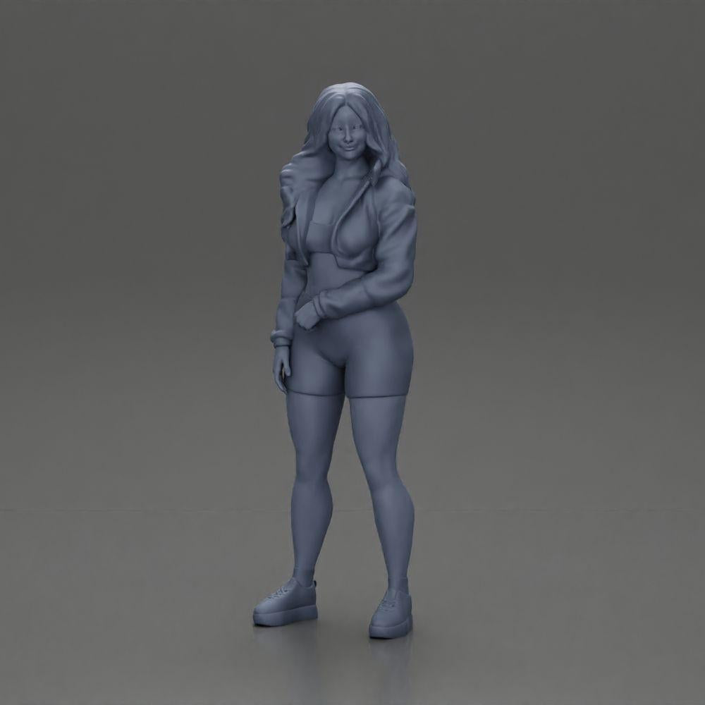 Diorama model building product photo 6: miniature figure: sporty girl standing with short jacket, shorts, and sneakers (Ref No. A74)