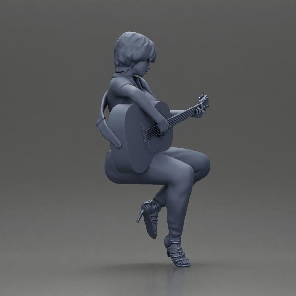 Diorama model building product photo 7: Miniature: Woman with short hair playing acoustic guitar necklace, strappy sandals (Ref No. A128)