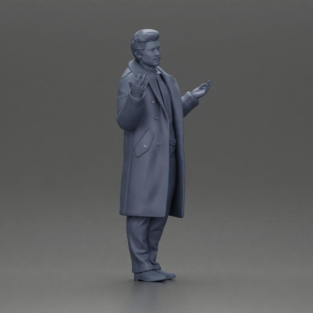 Diorama Modellbau Produktfoto 7: Diorama-Miniaturfigur: Polizeidetektiv im Mantel, stehend mit offenen Händen (Ref Nr. A63)