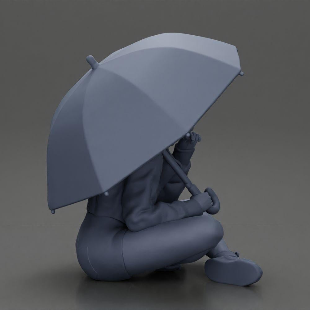 Diorama model building product photo 7: Diorama miniature: Sitting woman in jacket and shorts with open umbrella (Ref No. A85)