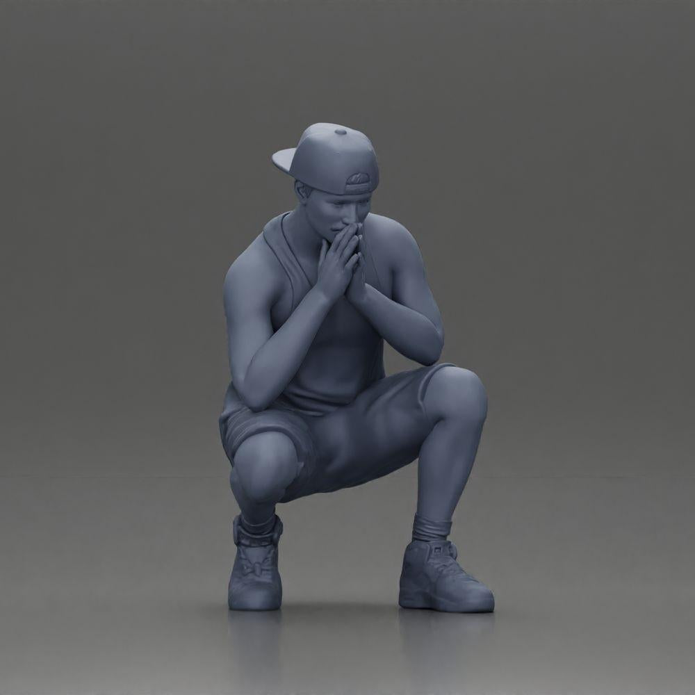 Diorama model building product photo 7: Diorama miniature: Pensive man sitting with cap, shorts, and sneakers (Ref No. A77)