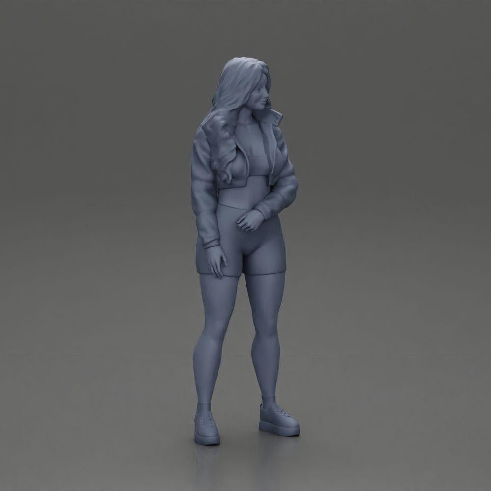Diorama model building product photo 7: miniature figure: sporty girl standing with short jacket, shorts, and sneakers (Ref No. A74)