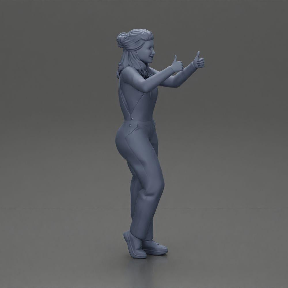 Diorama model building product photo 7: Standing, smiling girl in overalls, both thumbs up - diorama figure (Ref No. A82)