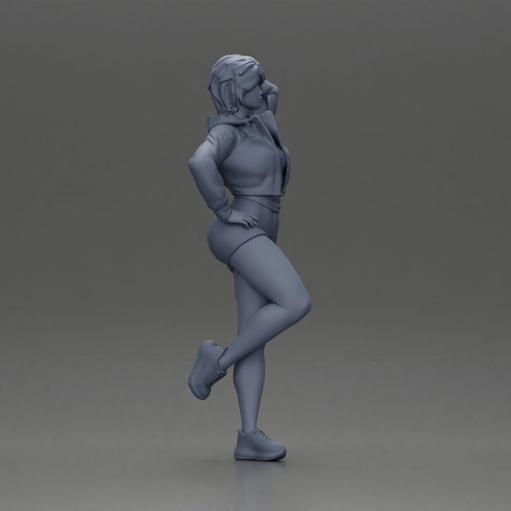 Diorama model building product photo 7: Female miniature with short hair, jacket & shorts, leaning against a car (Ref No. A67)