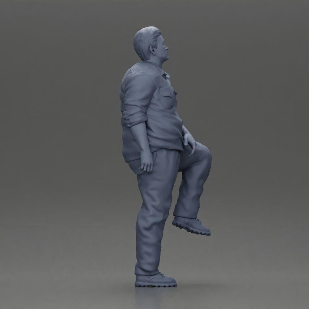 Diorama model building product photo 7: miniature figure: stout Asian man, looking up, in shirt, foot on step (Ref No. A101)