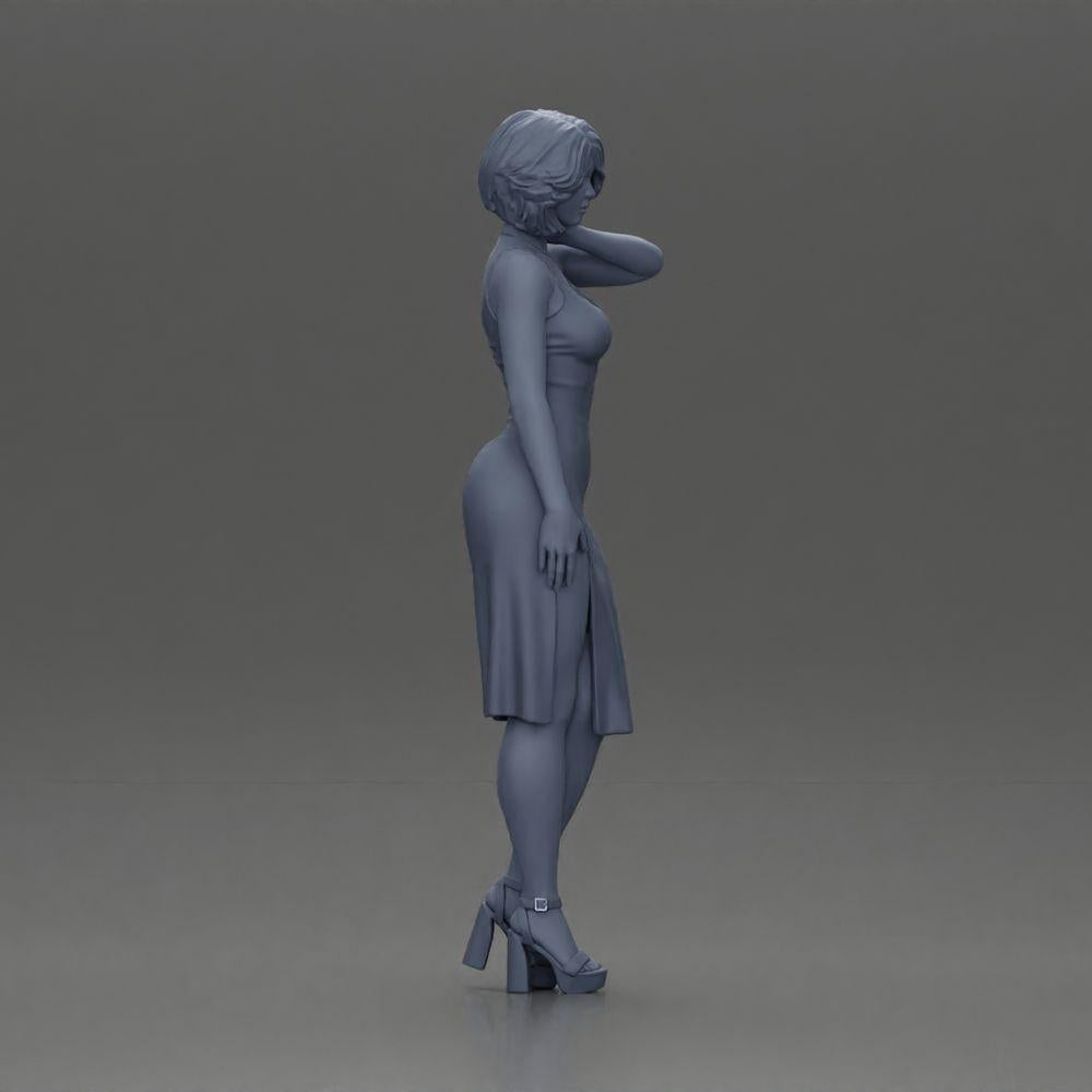 Diorama model building product photo 7: Female diorama figure in mini dress, short hair, hand on neck, necklace (Ref No. A99)