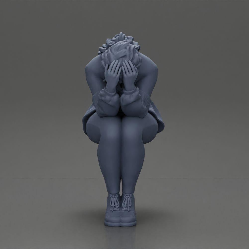 Diorama model building product photo 7: miniature figure: sad girl with puff sleeves, sitting, face in hands (Ref No. A88)