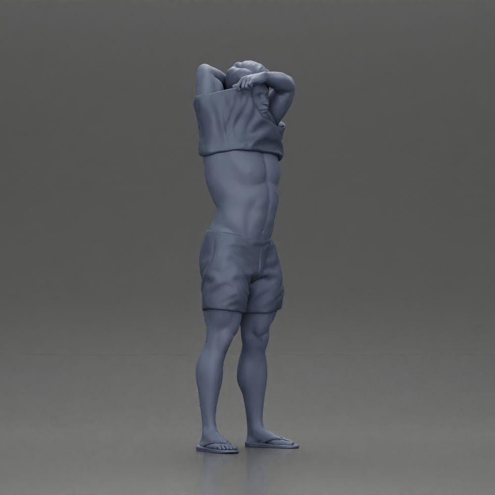 Diorama model building product photo 7: Standing miniature: muscular man in shorts pulling T-shirt over his head (Ref No. A90)