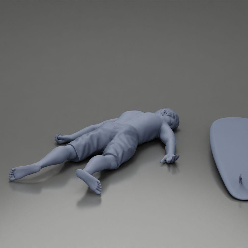 Diorama model building product photo 7: Diorama miniature: Person lying face down next to surfboard with fins (Ref No. A66)