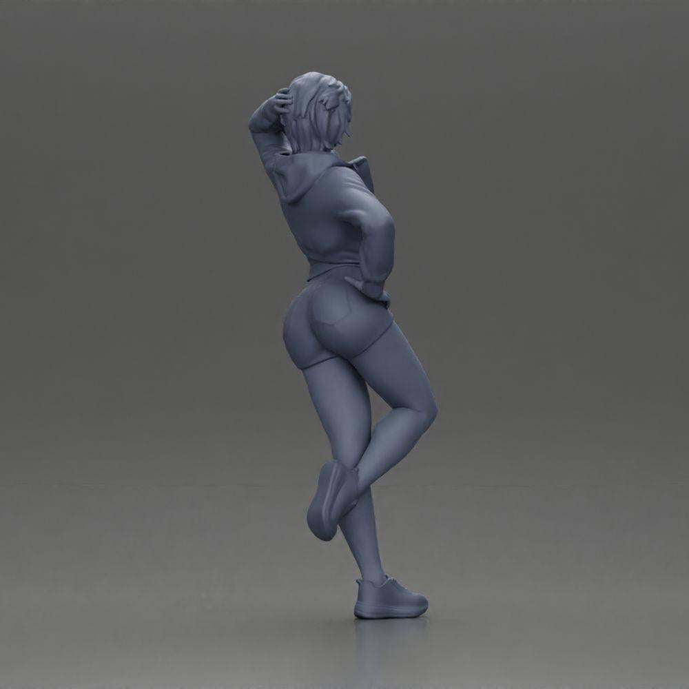 Diorama model building product photo 8: Female miniature with short hair, jacket & shorts, leaning against a car (Ref No. A67)