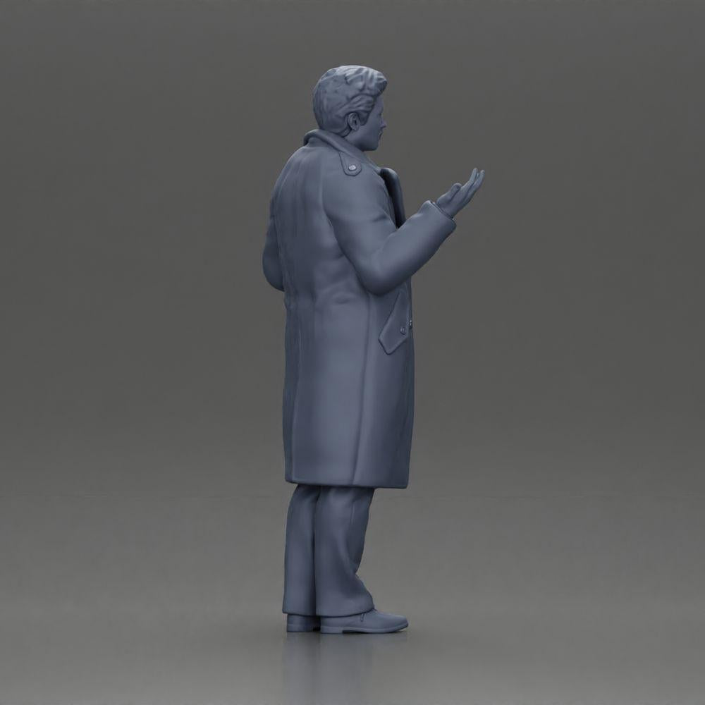 Diorama Modellbau Produktfoto 8: Diorama-Miniaturfigur: Polizeidetektiv im Mantel, stehend mit offenen Händen (Ref Nr. A63)