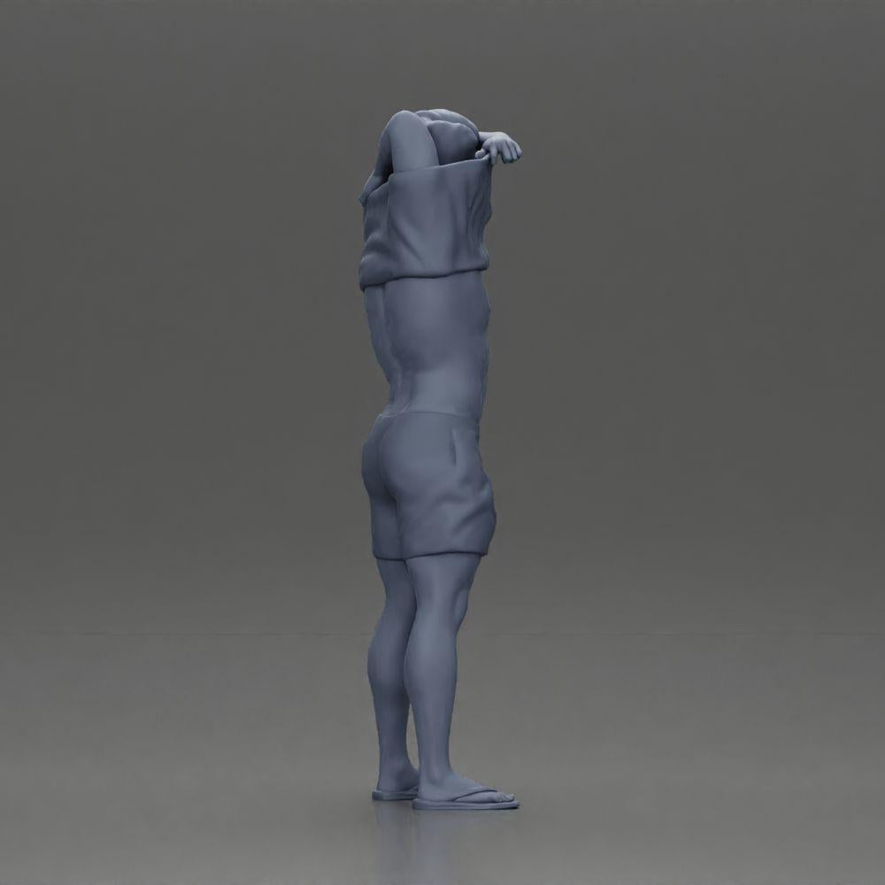 Diorama model building product photo 8: Standing miniature: muscular man in shorts pulling T-shirt over his head (Ref No. A90)
