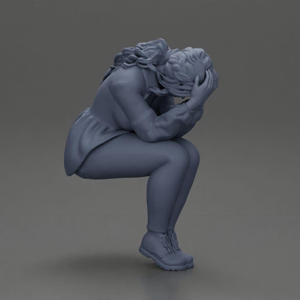 Diorama model building product photo 8: miniature figure: sad girl with puff sleeves, sitting, face in hands (Ref No. A88)