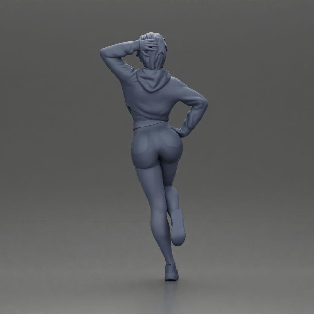 Diorama model building product photo 9: Female miniature with short hair, jacket & shorts, leaning against a car (Ref No. A67)