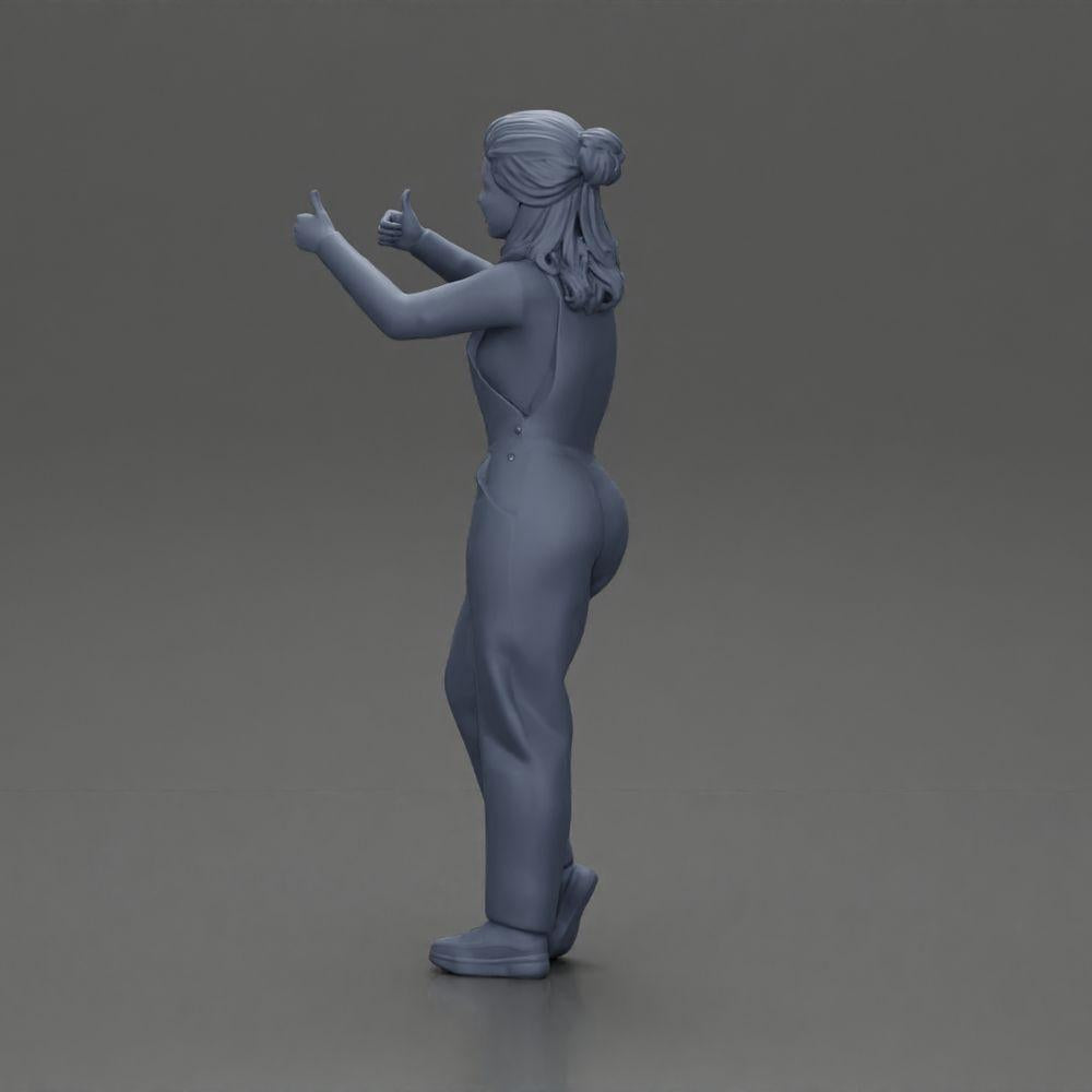 Diorama model building product photo 10: Standing, smiling girl in overalls, both thumbs up - diorama figure (Ref No. A82)