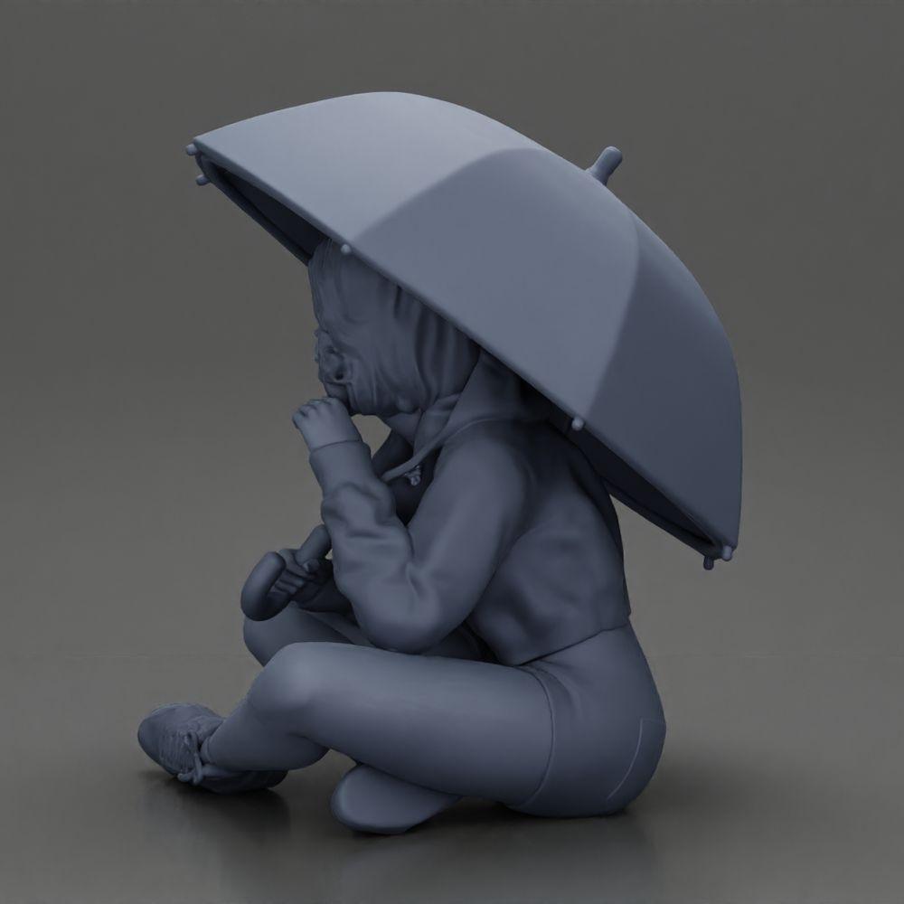 Diorama model building product photo 10: Diorama miniature: Sitting woman in jacket and shorts with open umbrella (Ref No. A85)
