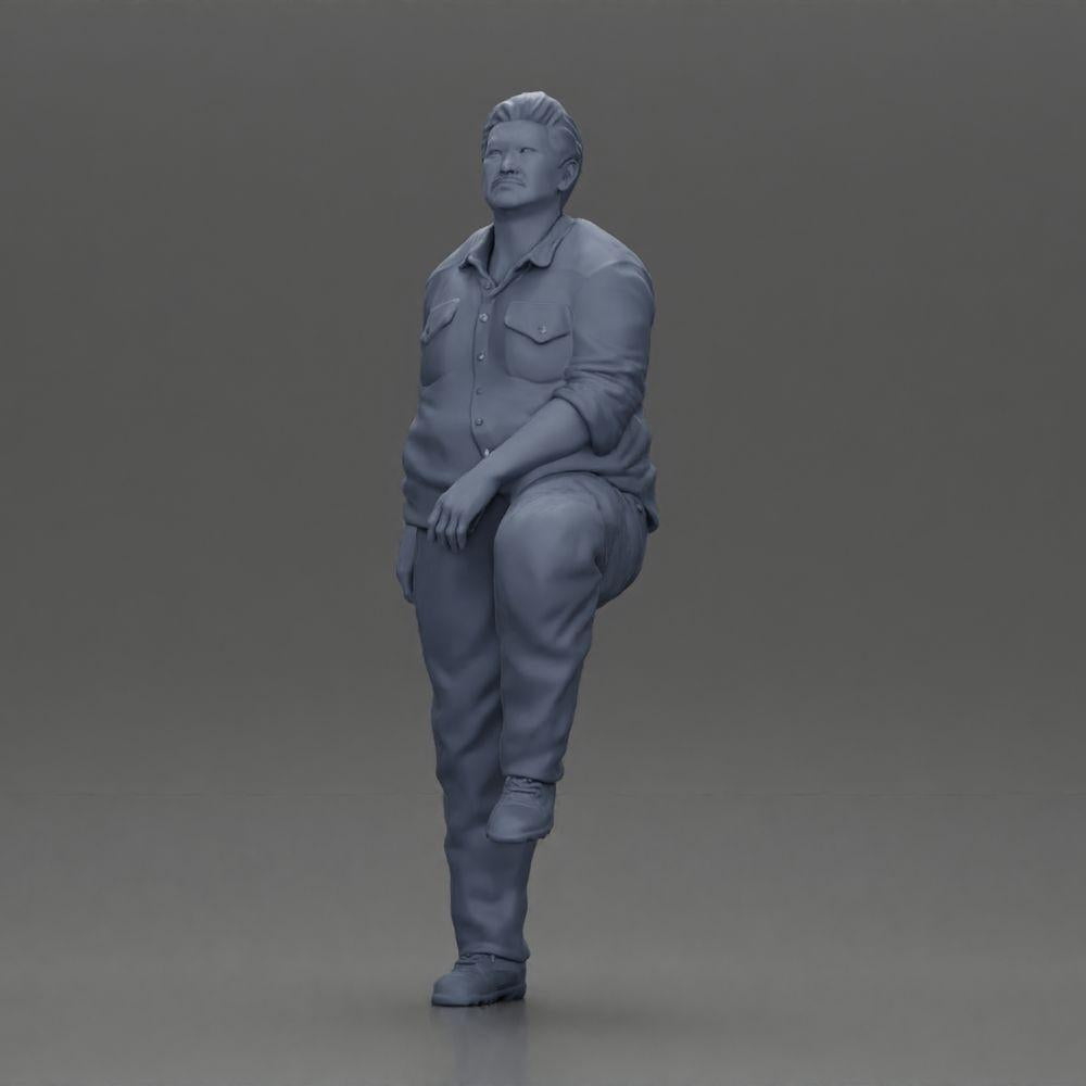 Diorama model building product photo 11: miniature figure: stout Asian man, looking up, in shirt, foot on step (Ref No. A101)