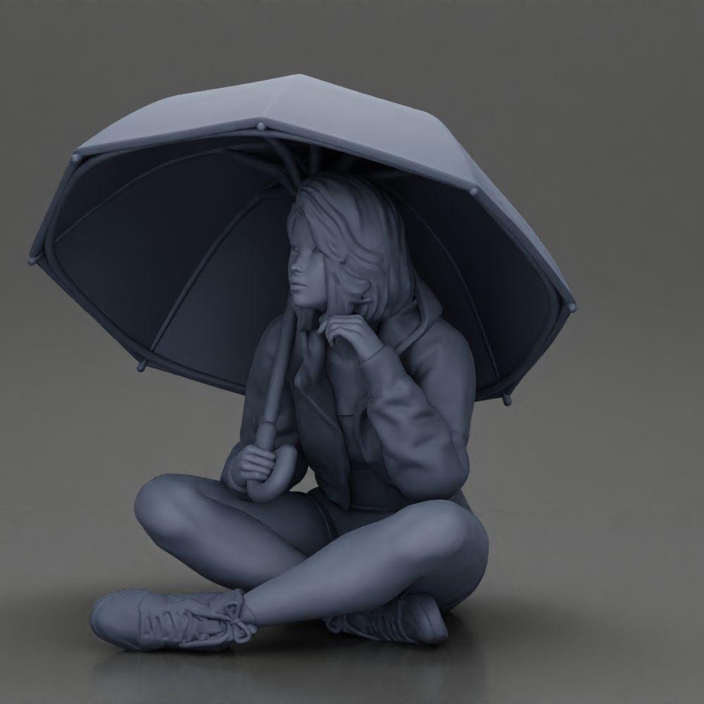 Diorama model building product photo 11: Diorama miniature: Sitting woman in jacket and shorts with open umbrella (Ref No. A85)
