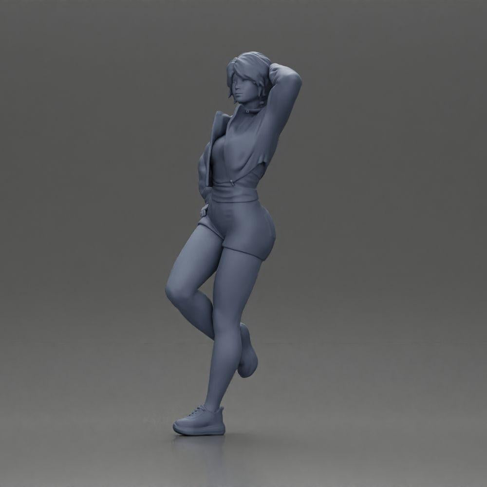 Diorama model building product photo 11: Female miniature with short hair, jacket & shorts, leaning against a car (Ref No. A67)