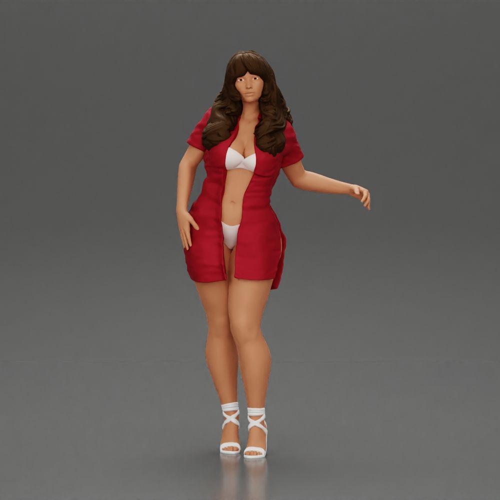 Diorama model building product photo 0: Diorama miniature: woman in a long red shirt dress, white accents, high sandals (Ref No. A126)