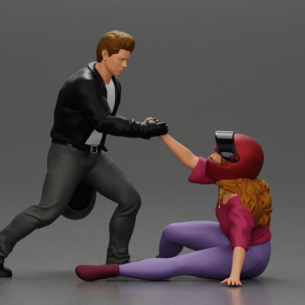 Diorama model building product photo 8: miniature diorama: man helps fallen biker, holds motorcycle helmet (Ref No. A91)