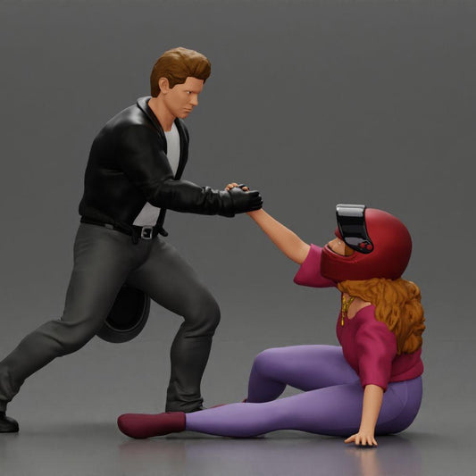 Diorama model building product photo 8: miniature diorama: man helps fallen biker, holds motorcycle helmet (Ref No. A91)
