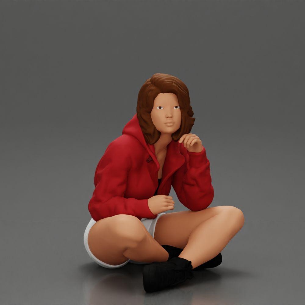Diorama model building product photo 12: Diorama miniature: Sitting woman in jacket and shorts with open umbrella (Ref No. A85)