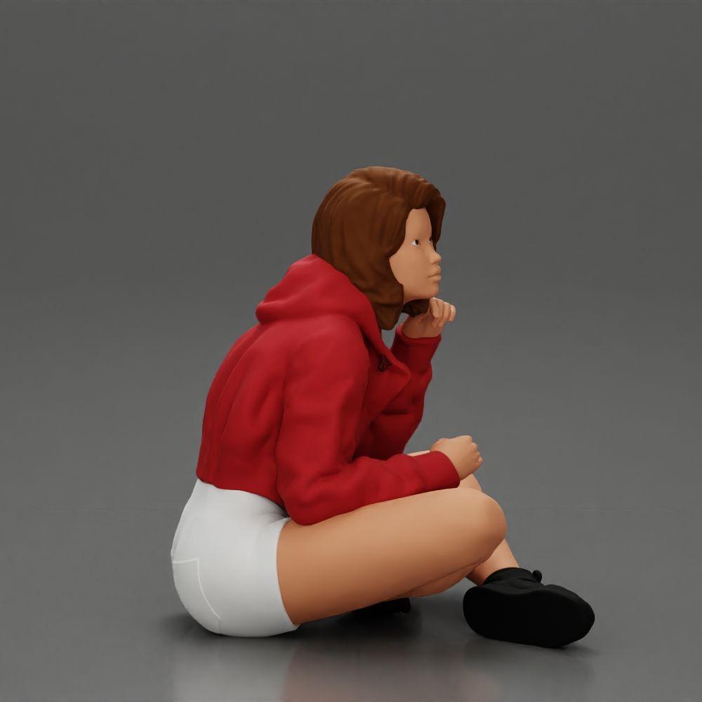 Diorama model building product photo 13: Diorama miniature: Sitting woman in jacket and shorts with open umbrella (Ref No. A85)