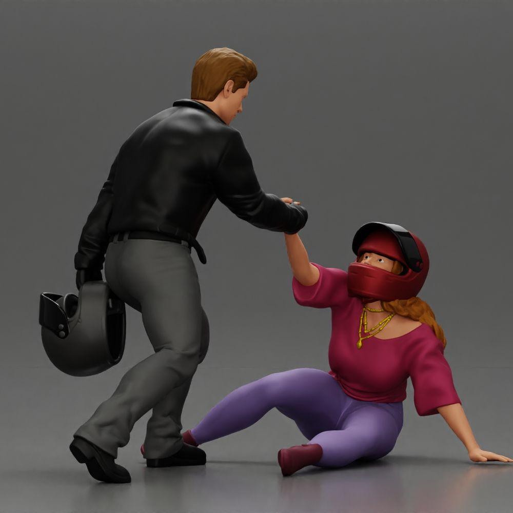 Diorama model building product photo 9: miniature diorama: man helps fallen biker, holds motorcycle helmet (Ref No. A91)
