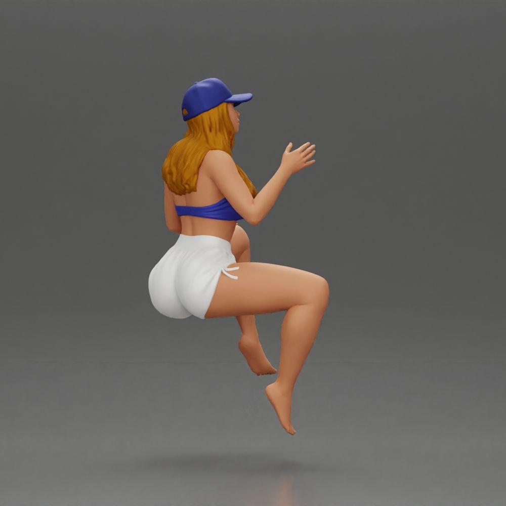 Diorama model building product photo 1: Diorama figure: Sitting female miniature, blue top & shorts, cap, barefoot - relaxed pose (Ref No. A133)
