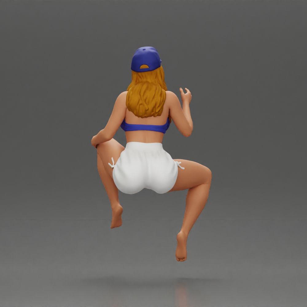 Diorama model building product photo 2: Diorama figure: Sitting female miniature, blue top & shorts, cap, barefoot - relaxed pose (Ref No. A133)