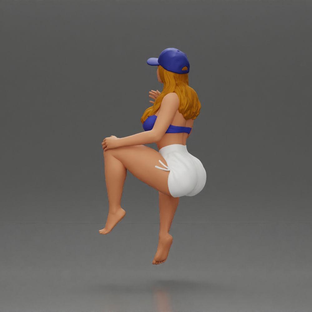 Diorama model building product photo 3: Diorama figure: Sitting female miniature, blue top & shorts, cap, barefoot - relaxed pose (Ref No. A133)
