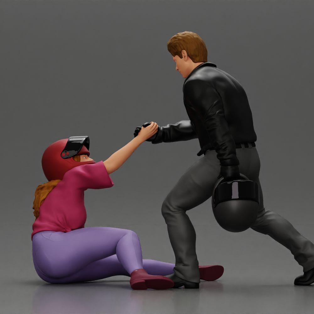 Diorama model building product photo 11: miniature diorama: man helps fallen biker, holds motorcycle helmet (Ref No. A91)