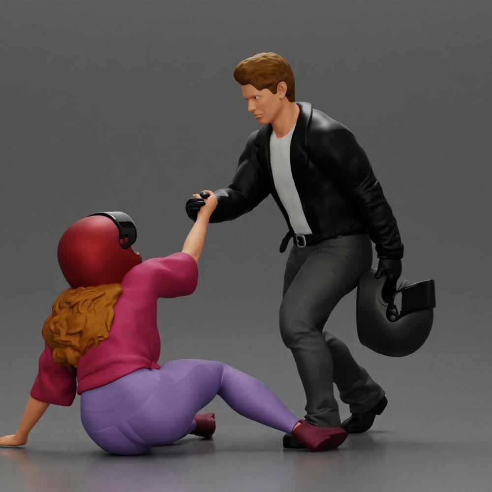 Diorama model building product photo 12: miniature diorama: man helps fallen biker, holds motorcycle helmet (Ref No. A91)