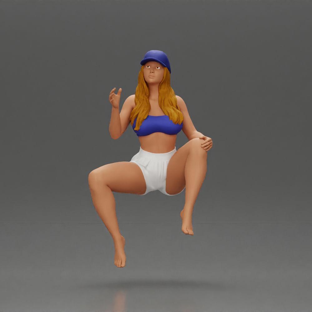 Diorama model building product photo 5: Diorama figure: Sitting female miniature, blue top & shorts, cap, barefoot - relaxed pose (Ref No. A133)