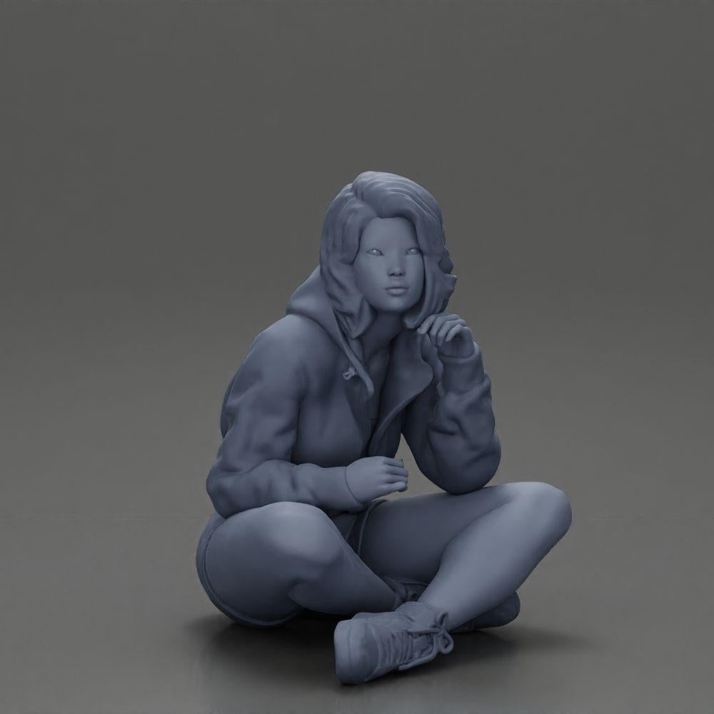 Diorama model building product photo 18: Diorama miniature: Sitting woman in jacket and shorts with open umbrella (Ref No. A85)