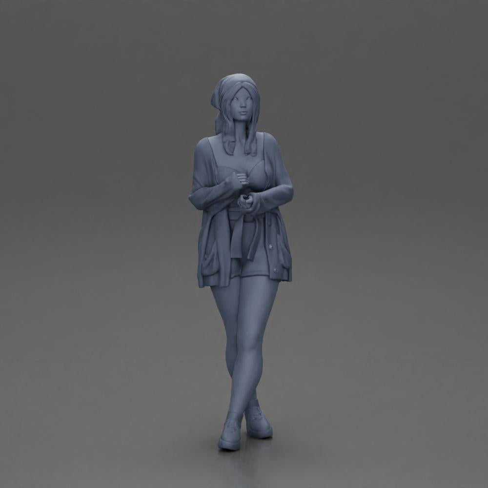 Diorama model building product photo 15: Female diorama figure in open cardigan and shorts with umbrella (Ref No. A92)