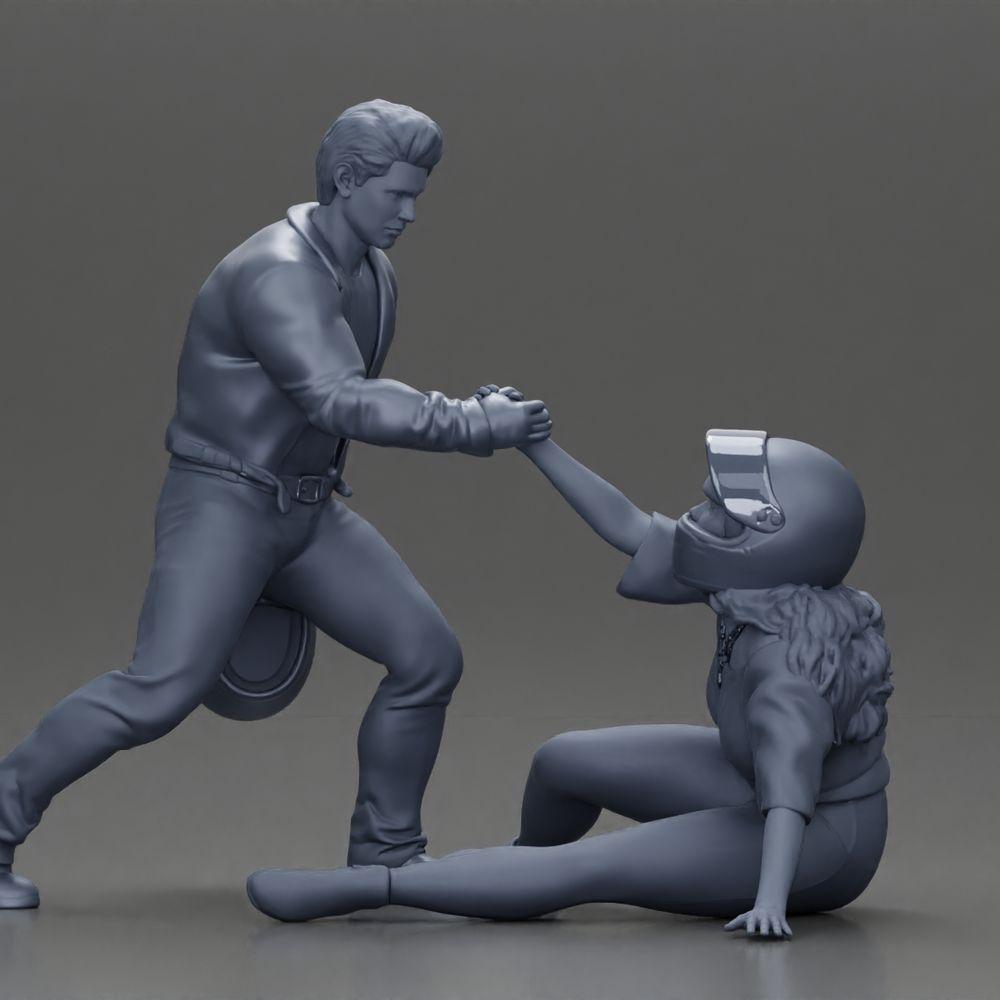 Diorama model building product photo 14: miniature diorama: man helps fallen biker, holds motorcycle helmet (Ref No. A91)