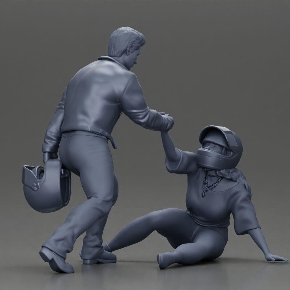 Diorama model building product photo 15: miniature diorama: man helps fallen biker, holds motorcycle helmet (Ref No. A91)