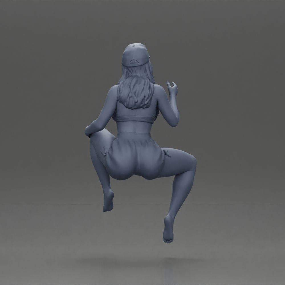 Diorama model building product photo 8: Diorama figure: Sitting female miniature, blue top & shorts, cap, barefoot - relaxed pose (Ref No. A133)